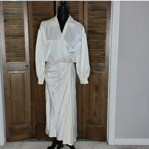 Zara Special Edition Cream Satin Effect Wrap Midi Dress Sz M